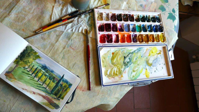 Practicing watercolor in Chianti , Tuscany
