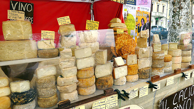 Italian cheeses on a Tuscan market
